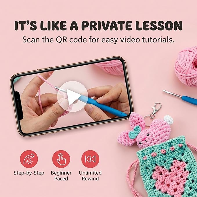 Wimmsie Crochet Animal Kit for Beginners - Easy Beginner Crochet Kit for Kids - Cute Amigurumi Heart Bunny & Granny Square Heart Pouch - Easter Craft - Keychain and Mini Purse