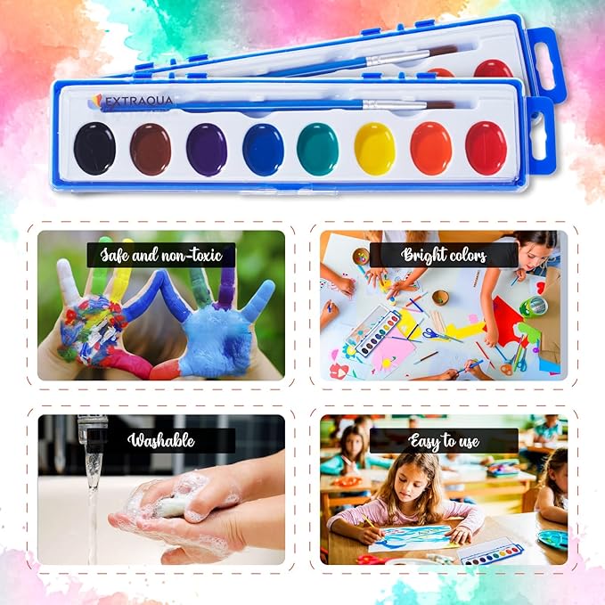 Watercolor Paint Set - 8 Classic Washable Paint Colors with Paint Brush - Non-Toxic Water Color Paint Sets For Kids & Adults - Ideal for Art, Crafts & School Supplies (Pack of 2)