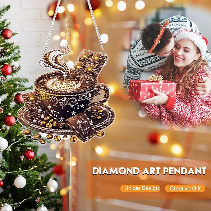 Diamond Art Hanging Kit for Adult, Cozy Morning: Sipping Coffee, Double Sided Acrylic Special Shaped Diamond Art Painting Window Pendant Hot Chocolate Coffee , Home Garden Wall Hanging Ornament Kits