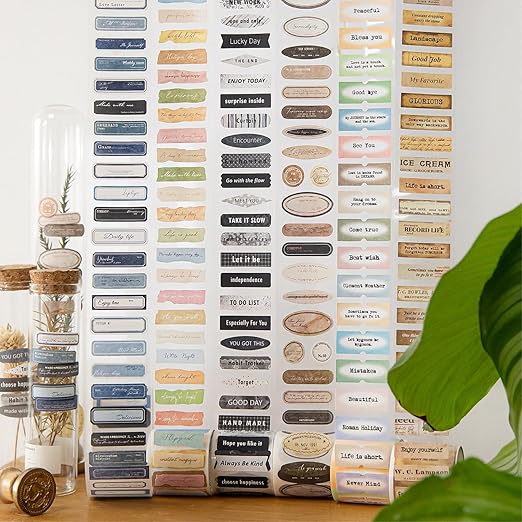 822pcs Small Vintage Motivational Quote Words Stickers Set, Ephemera for Junk Journal Supplies, 6 Rolls Decorative Tape Die Cut Stickers for Scrapbooking, Journaling, Arts Crafts, Collage