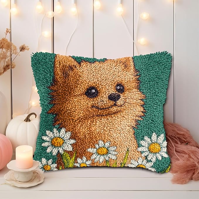 DIY Latch Hook Pillow Kits for Adults Cute Pomeranian Dog and Daisy Printed Pillowcase Crochet Yarns Hooking Handmade Pillow Cover Cushion for Home Sofa Decor 17x17inch(1)