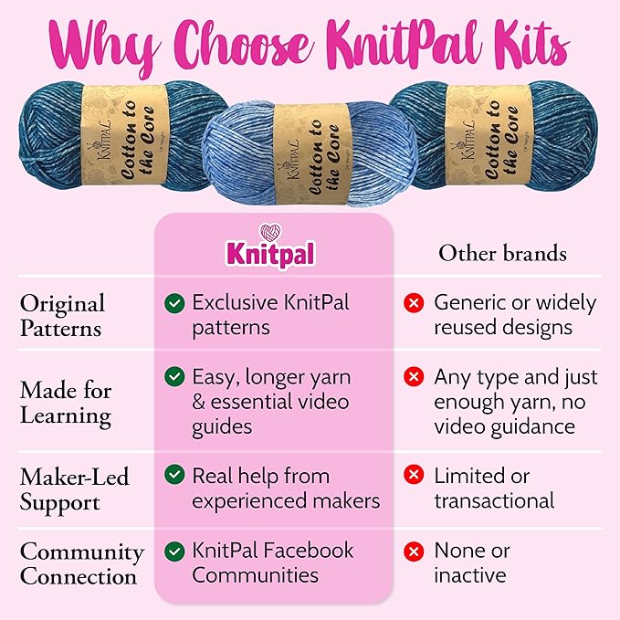KnitPal Everyday Joy Tunisian Crochet Dishcloth Kit for Confident Beginners – Make 4 Reusable Dishcloths – Cotton Yarn, Tunisian Crochet Hook, 2 Patterns & Video Tutorials (Jean Blue + Sky Blue)