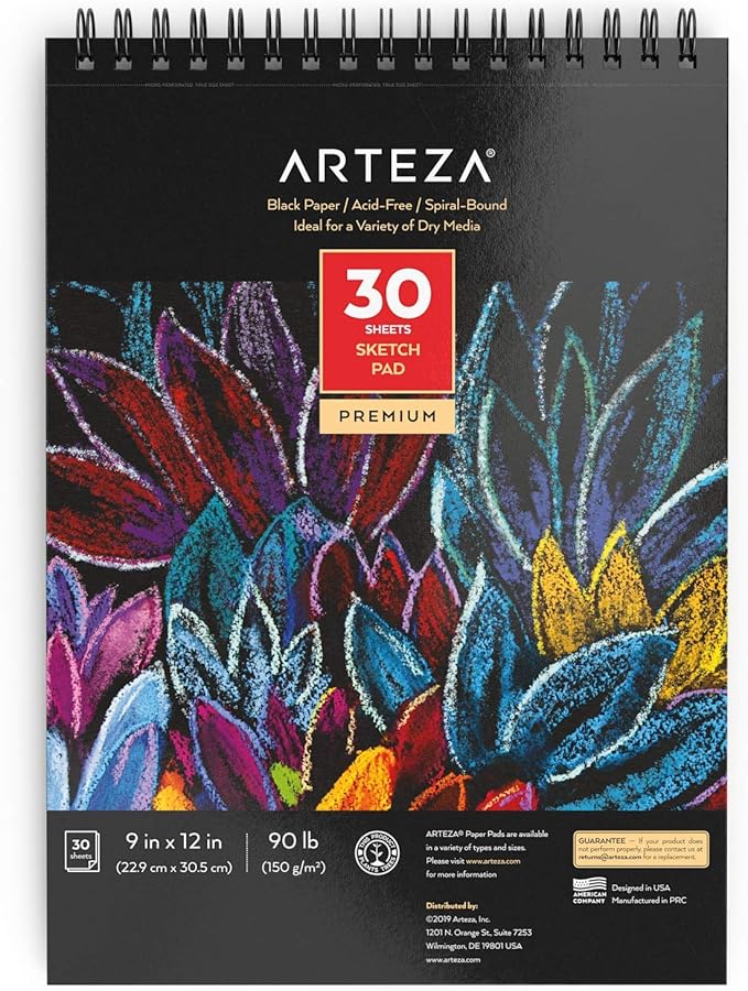 ARTEZA Spiral Sketch Book 9x12 Black Art Paper Drawing Pad 30 Sheets Sketch Pads for Drawing Adults & Teens