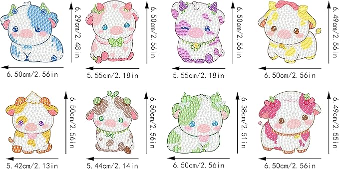 Masendp 8 Piece 5D DIY Cow Diamond Painting Keychain Set Fruit Cow Diamond Pendant Hanging Animal Art Decorations for Adult Beginner Pack Birthday Family Party Decoration