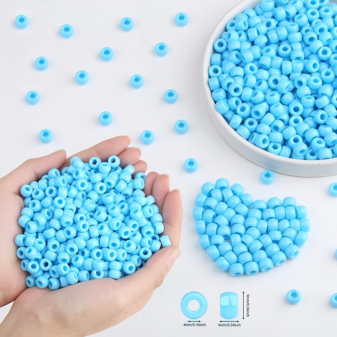 1000Pc Boxed Light Blue Pony Beads, 9MM Plastic Craft Beads with Large Hole, Light Blue Hair Bead for Braids, Bracelet Bead for Jewelry Making