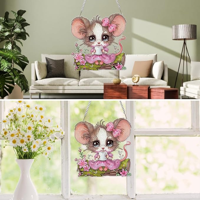 MXJSUA Cute Mouse Diamond Art Hanging Kits for Adults Beginners, DIY Acrylic Special Shaped Crystal Diamond Gem Drills Pendant Art Painting Ornament for Home Wall Decor Gift