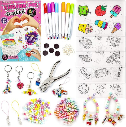GirlZone Shrink Craft Kit - Pre-Designed Shrink Plastic Sheets & Chalk Pens - DIY Keychain Making Kit & Fridge Magnet Crafts - Screen-Free Kid Art Activity - Ages 8-12, Pre-Designed