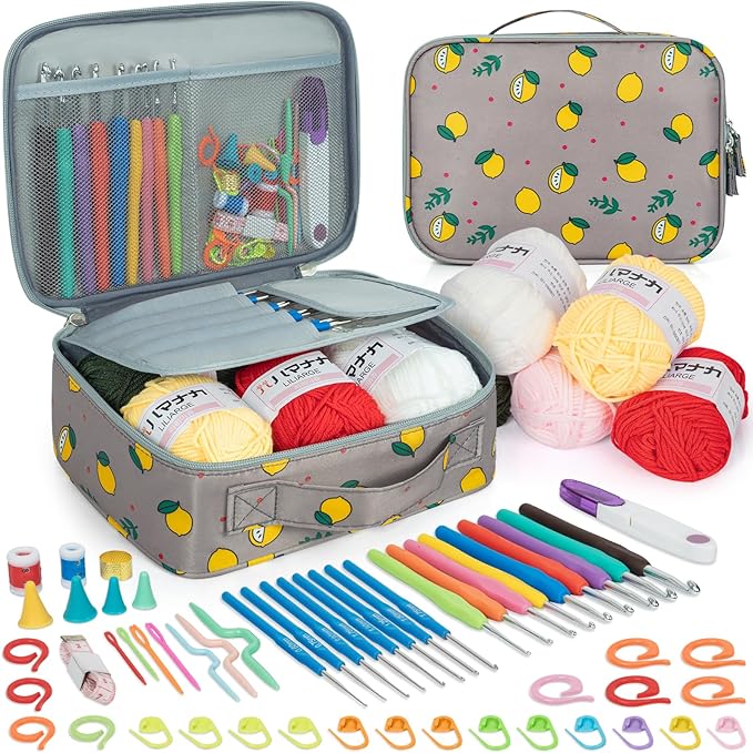 GMAK 59 PCS Crochet Kit for Beginners Adults, Crocheting Sets Include Yarn, Hooks and Tools, Portable Crochet Starter Kit for Making Variety Projects Crocheting Supplies, Grey Lemon