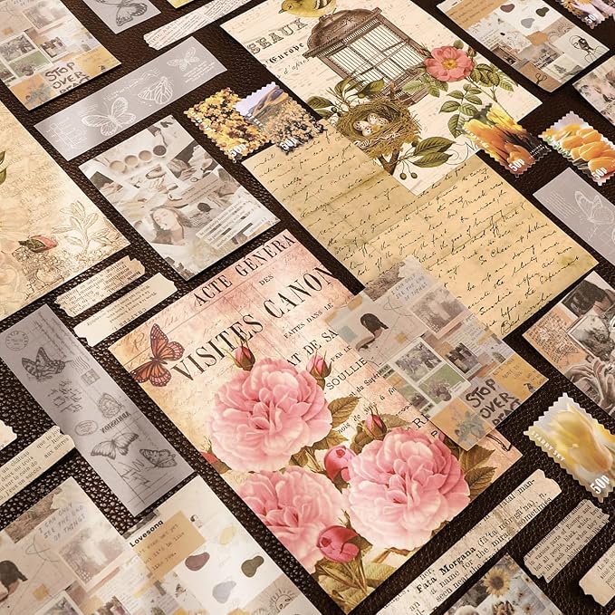 300PCS Vintage Scrapbooking Supplies Scrapbook Paper Journaling Kit Aesthetic Decorative Craft DIY Stickers Kits for Bullet Journaling, Junk Journal, Retro Crafts(Vintage)