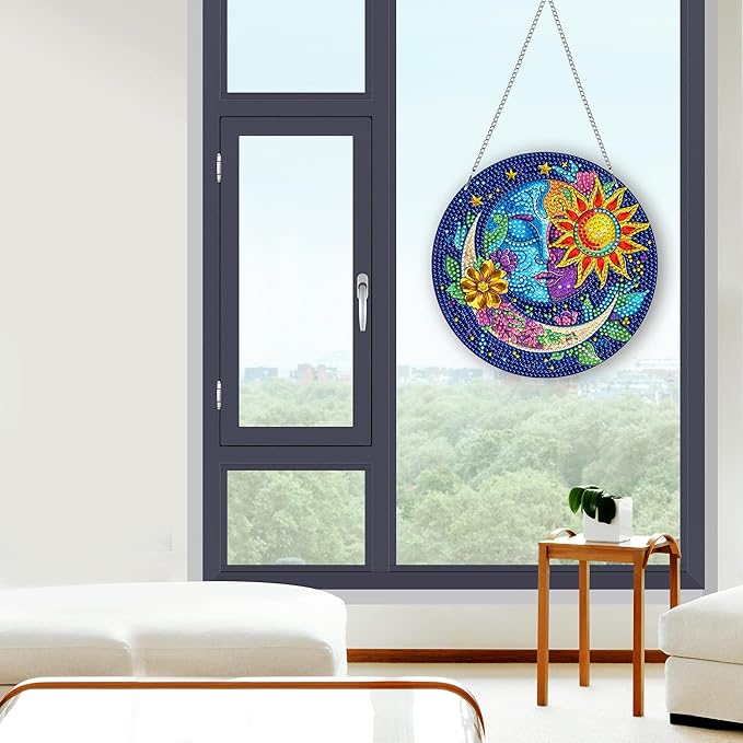 Pavemlo Hanging Diamond Art Kits for Adults Sun and Moon – 8x8 Inch Double-Sided Acrylic Board DIY Crystal Diamond Suncatcher Pendant, Sparkling Home Wall or Window Decoration Handmade Gift