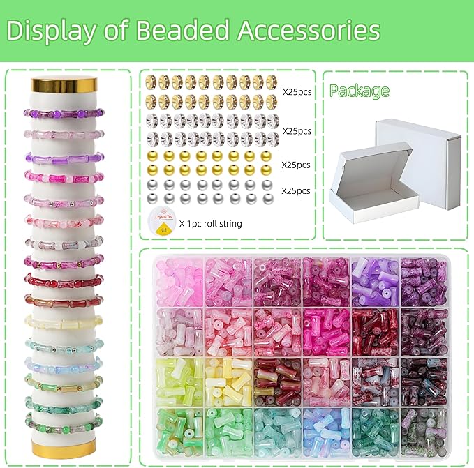 REVKI 6 * 12mm Glass Beads Bracelet Making Kit for Kids,600pcs 24 Colors Natural Bamboo Crystal Beads for Jewelry Making,Glass Beads for DIY Necklace Crafts