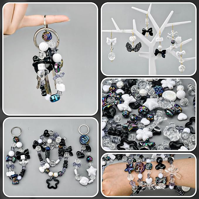 ABONDEVER 245-300Pcs Assorted Acrylic Beads for Bracelets Making Cute Star Bow Flower Candy Heart Gummy Bear Butterfly Beads for DIY Jewelry Crafts Keychain Necklace Phone Charms(Black)