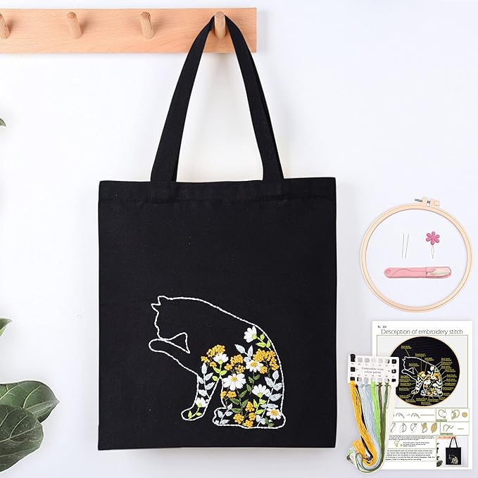 harimau beginner canvas tote bag embroidery kit,black kitten pattern,cross stitch kits, including stamped embroidery bag with 1 embroidery hoops,needle, instructionmanual and color threads