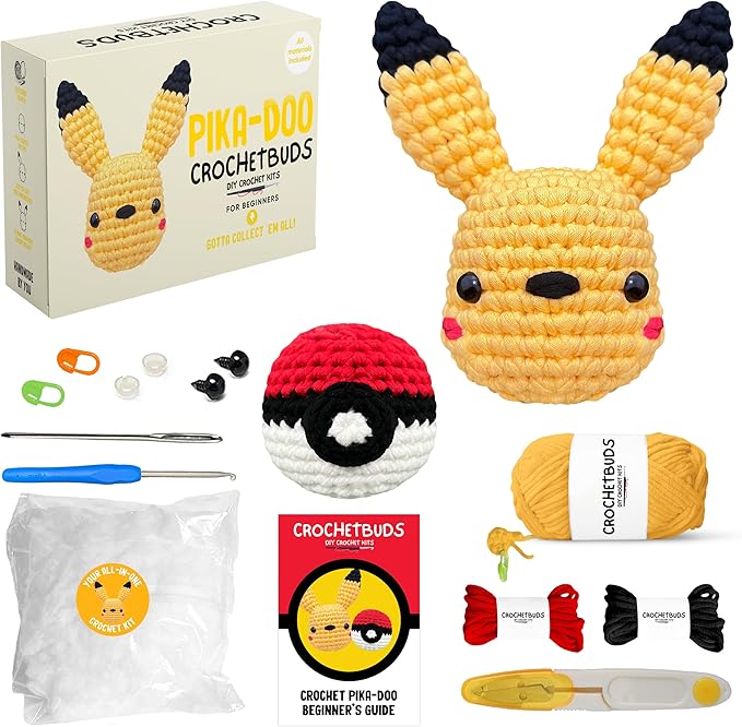 Pika-Doo DIY Crochet Kit | Ultimate Starter Set for Teens & Adults | Fun Couples & Date Night Craft Project w/Premium Yarn, Hook, Step-by-Step Video Tutorials & Easy Written Guides (Ages 15+)