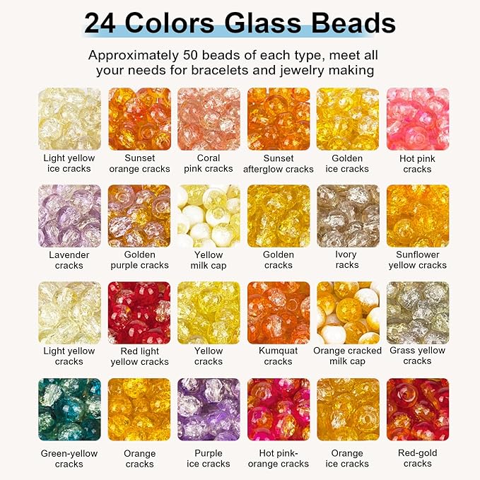 XSEINO About 1200pcs 6mm Crack Glass Beads Bracelet Making Kit,24 Style Crack Sunshine Yellow Series Colorful Crystal Beads for Jewelry Bracelet Making,DIY Crafts,Friendship Bracelets,Necklaces