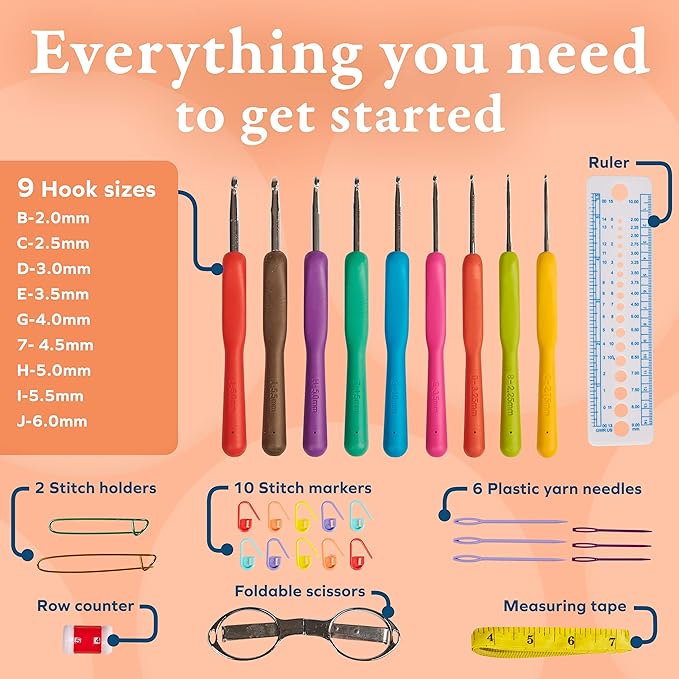 BeCraftee Crochet Hooks Kit - 31 Piece Set with 9 Ergonomic Hook Sizes, 6 Yarn Needles, Additional Knitting & Crochet Supplies and Carrying Case﻿