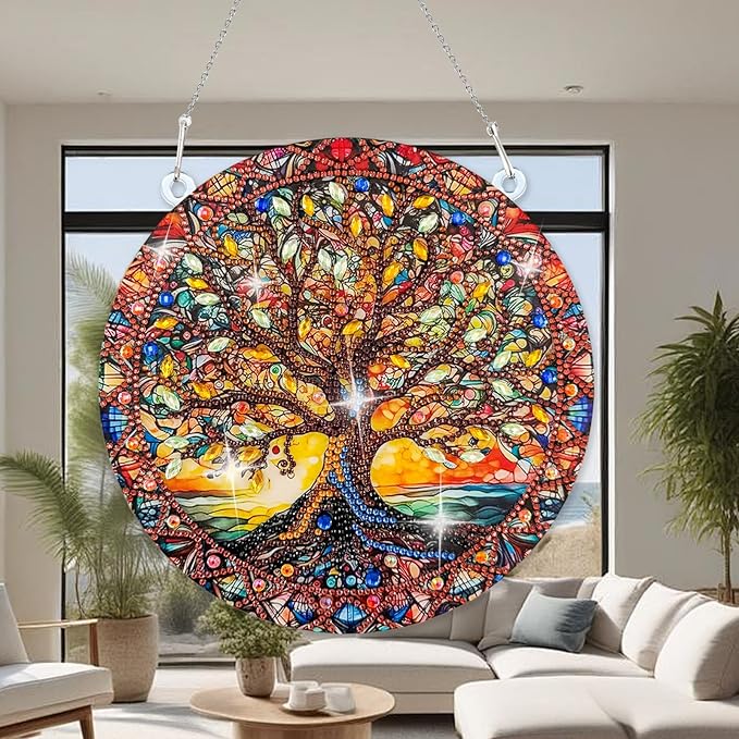 Diamond Art Hanging Kit for Adult, Painting Hanging Ornament Kit, Special Shaped Rhinestone,DIY Acrylic 5D Diamond Art Window Pendants Home Garden Wall Kits Hanging,Double Sided (Lifetree)