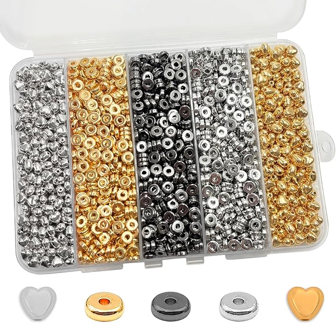 6mm Flat Round Spacer Beads, Clay Beads for Bracelets Making Kit, Heishi Polymer Flat Disc Spacer Beads for Jewelry Making, Clay Beads for Jewelry Making Gold Beads Silver (1600pcs(400Heart))