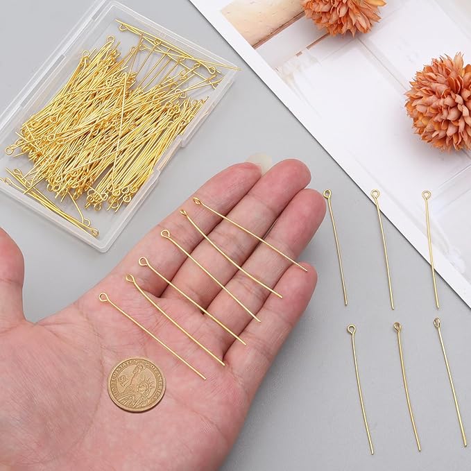 200 Pcs 50mm Straight Eye Pins for Craft Earring Bracelet Necklace Pendant DIY Jewelry Making, Gold Color