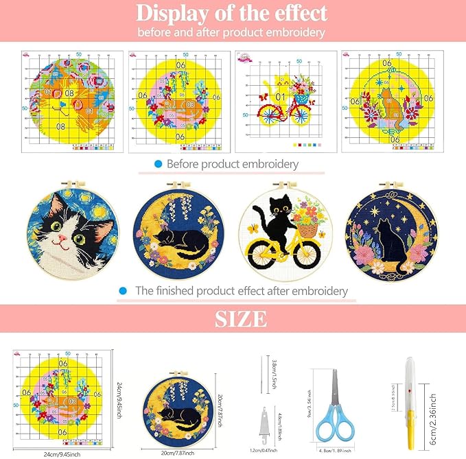 Zhenqing Cat Stamped Cross Stitch Kits for Adults Beginners, DIY Animals Cross Stitch Patterns Kits Printed Needlepoint Kits,Crafts Embroidery Kits for Home Decor-Cat-Themed 4-Piece Set(69207)