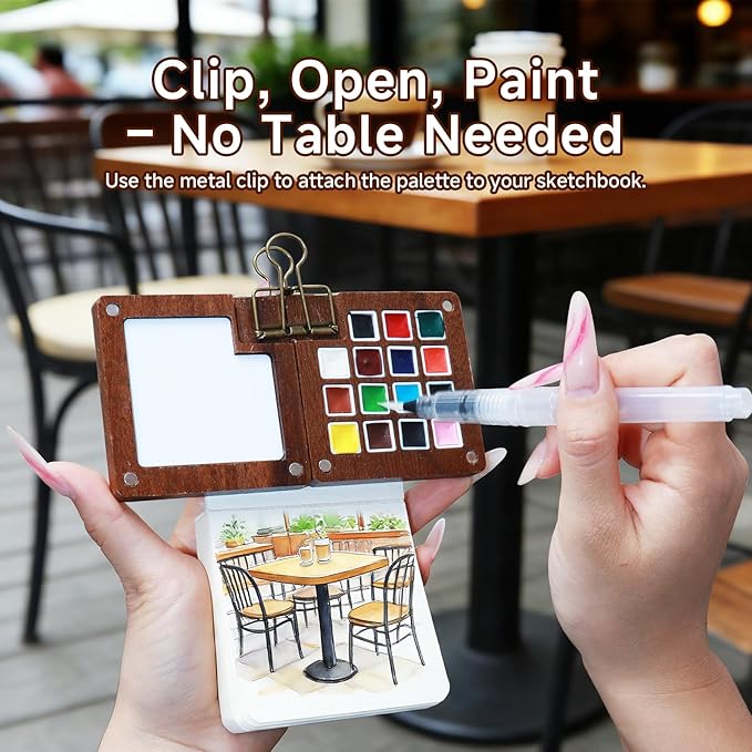 BOSNAL 15 Well Travel Watercolor Set with 3 Professional Brushes (Flat/Pointed/Water), Portable Wood Palette Kit with Sketchbook & Clip, Outdoor Art Supplies for Urban Sketching & Plein Air
