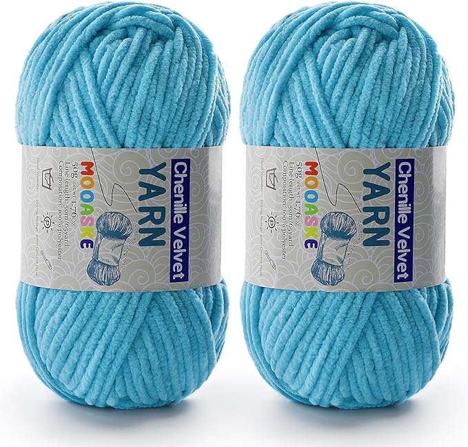 Chenille Yarn for Crocheting - Azure, 50g/1.76oz, 60m/65yard, 2 Packs