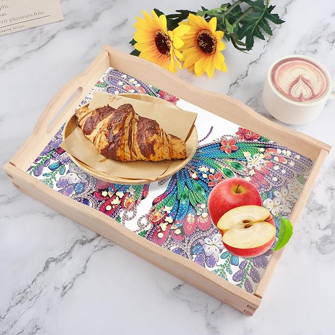 DIY Diamond Art Tray with Handle Diamond Art Painting Plate Creative Design Handmade Wooden Tray Mosaic Making Kits by Number Kits Diamond Art for Coffee Living Room Home Organizer (Butterfly)