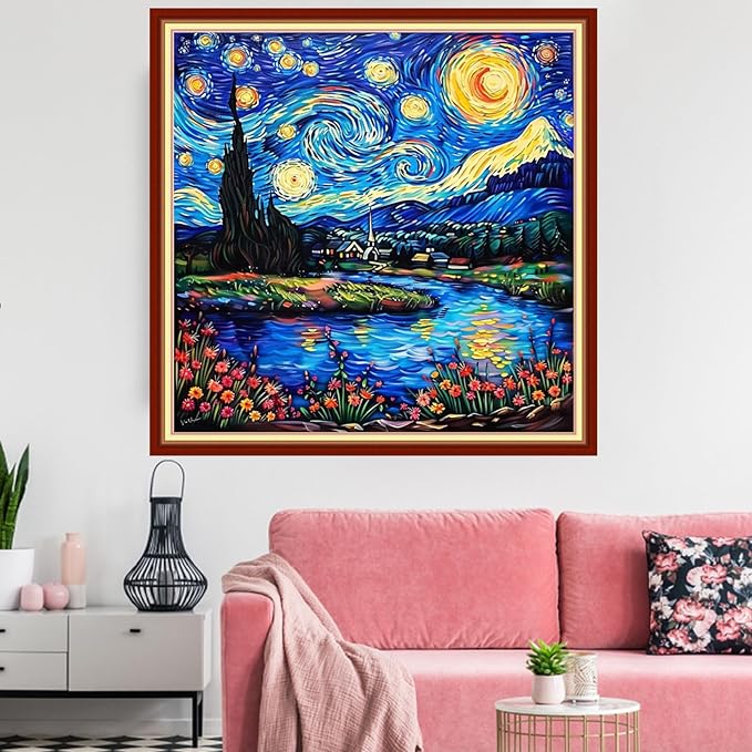 Redxing Stamped Cross Stitch Kits Embroidery kit for Beginners Adults Full Range of Embroidery Patterns Starter Kits DIY Printed Cross Stitch Kits Needlepoint Kits 11CT-Starry Night 18x18 inchs