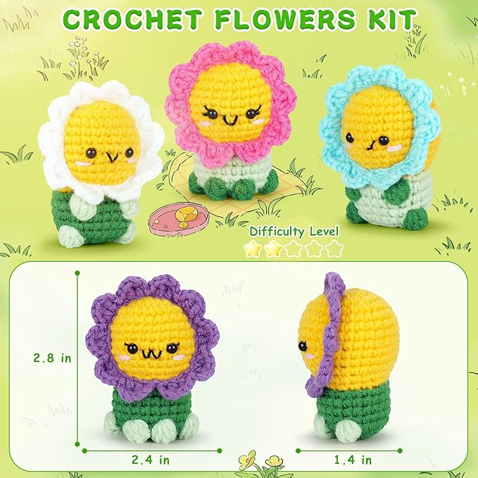 fortuning's jds crochet kit for beginners - 4pcs flowers complete crochet starter kit with step-by-step video tutorials, beginner crochet kits for adults women, flower family crocheting set