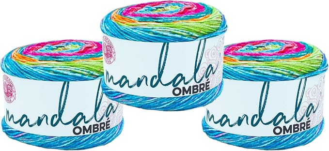 Lion Brand Yarn, Mandala Ombré Variegated Yarn for Crocheting, Knitting, and Crafts, Happy, 3 Pack, Soft, Acrylic Fiber for Cozy Blankets, Worsted Weight Sweaters and Colorful Shawls