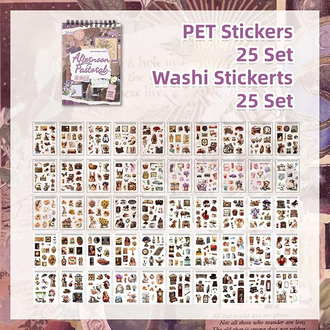 Uideyvi Pastoral Series Sticker Scrapbooking Supplies for Junk Journal, 25 Sheets Washi Stickers and 25 Sheets PET Stickers(TZ-010-003)