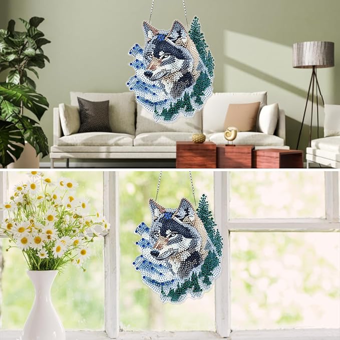 MXJSUA Forest Wolf Diamond Art Hanging Kits for Adults Beginners, DIY Acrylic Special Shaped Crystal Diamond Gem Drills Pendant Art Painting Ornament for Home Wall Decor Gift 8x8 inch