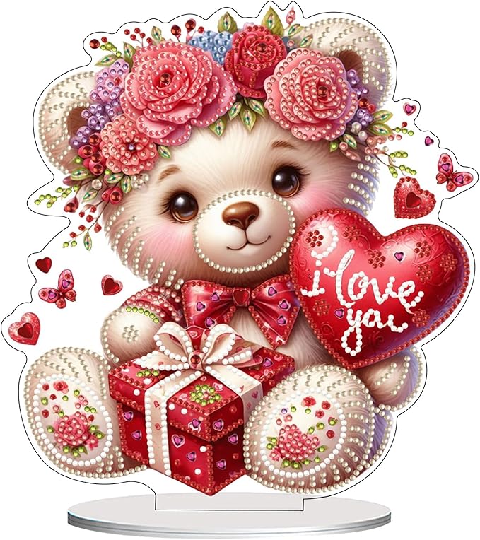 VODAPYC Mother's Day Diamond Art Tabletop Painting Kit, DIY Stand Up Double Sided Special Shaped Diamond Painting Desktop Ornament(Little Bear of Love)