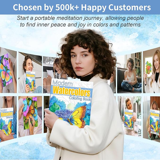 Watercoloring Book, A4 Water Coloring Book Paint Book Beginner Friendly - Watercolor Coloring Books for Adults, 12 Pre-Printed Designs on 180GSM Cold Press Paper, (Without Paint) - Butterfly