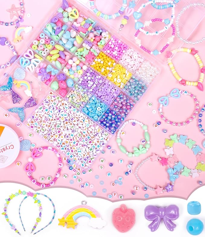 miuco bracelet making kit for girls - cute beads for jewelry making kit with charms - arts and crafts for make necklaces - birthday gifts for kids girls ages 5 6 7 8 9 10 11 12 macarons