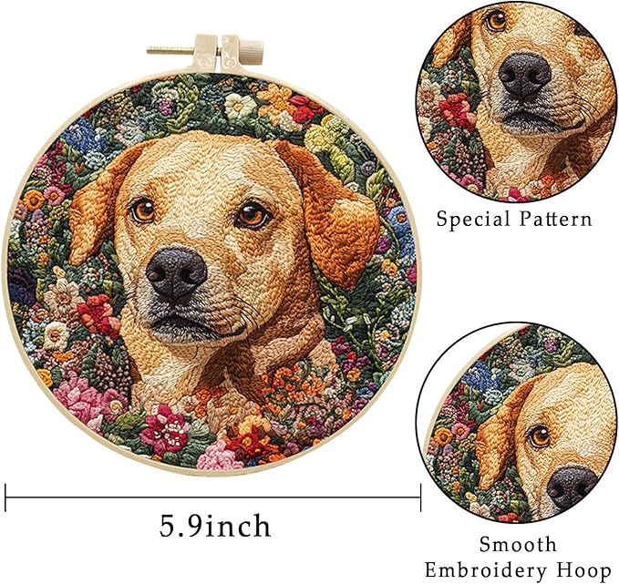 LB 4 Pack Cute Dog Flower Embroidery Kit for Beginners Funny Animal Beginner Embroidery Kit for Adults DIY Starter Kit with Embroidery Hoop Colorful Threads Tools Step by Step Instructions