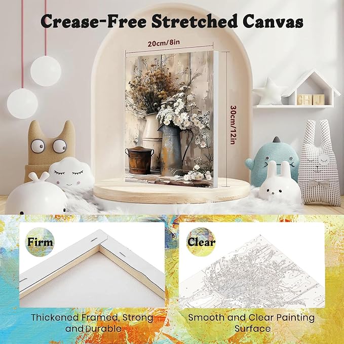 Vintage Flower Paint by Numbers for Adults with Framed Canvas - with Wooden Easel, Rustic Flowers Paint by Number on Canvas, DIY Acrylic Oil Painting Kits with Brushes for Home Wall Decor (8x12 inch)