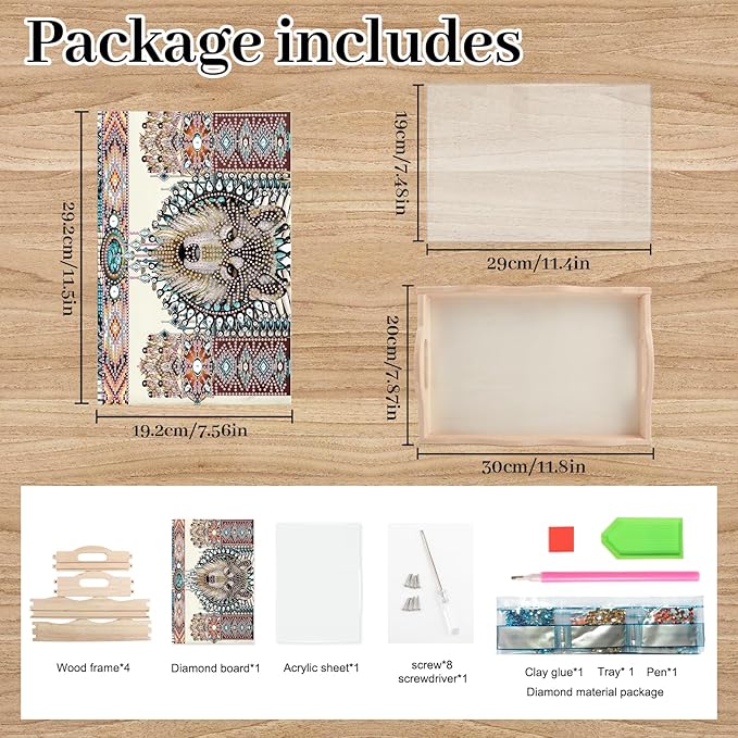 DIY Diamond Art Tray with Handle Diamond Art Painting Plate Creative Design Handmade Wooden Tray Mosaic Making Kits by Number Kits Diamond Art for Coffee Living Room Home Organizer (Dreamcatcher Wolf)