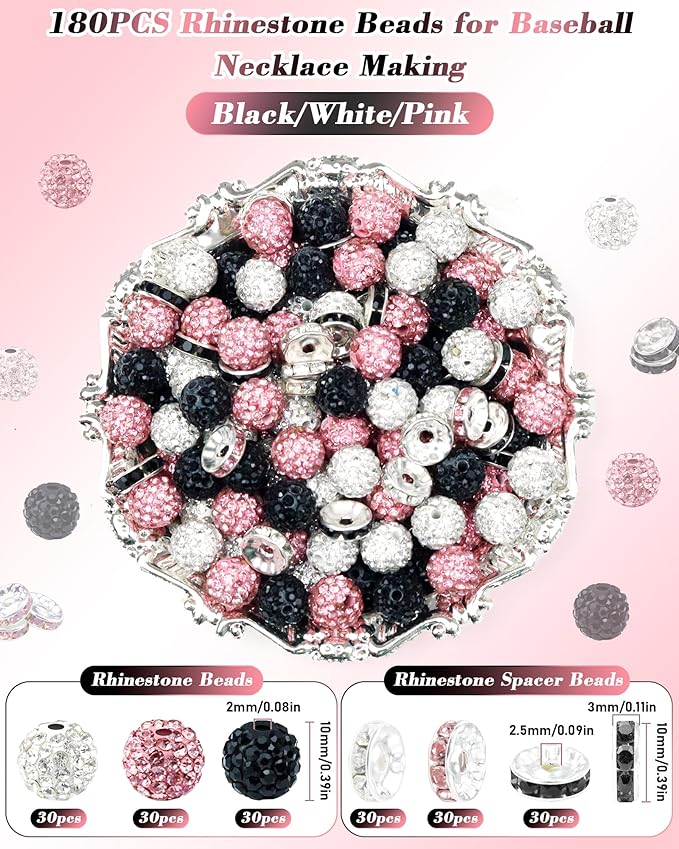 180pcs fiveizero 10mm rhinestone beads for jewelry making – sparkly round crystal clay beads & spacers in baseball team colors for bracelets, necklaces & diy crafts (black, white, pink)