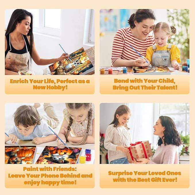Bowetile 4 Pack Fall Framed Paint by Numbers for Adults Beginners, Easy Adults' Paint-by-Number Kits on Canvas, Acrylic Animals Number Painting Crafts Kits Halloween Gifts for Home Decor, 8x8in