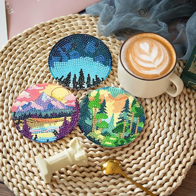 igoodom 8 Pcs Diamond Art Coasters Kit with Holder, DIY Landscape Diamond Painting Coasters for Beginners Adults, Non Slip Diamond Art Kits Craft Supplies 4x4inch