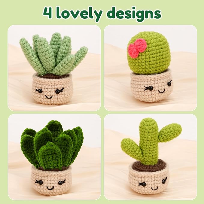 Karsspor Crochet Kit for Beginners, Complete Knitting Kit with Step-by-Step Instructions and Video Tutorials, Crocheting Set- 4 PCS Succulents, DIY Knitting Gift for Adults - Beginner-Crochet Lovers
