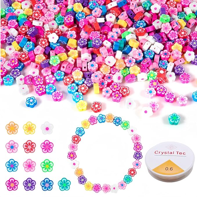 NUOBISHI 500 Pcs Flower Polymer Clay Beads Charms for Crafts with Elastic String for Making Bracelet Necklace Craft Decoration DIY Crafts