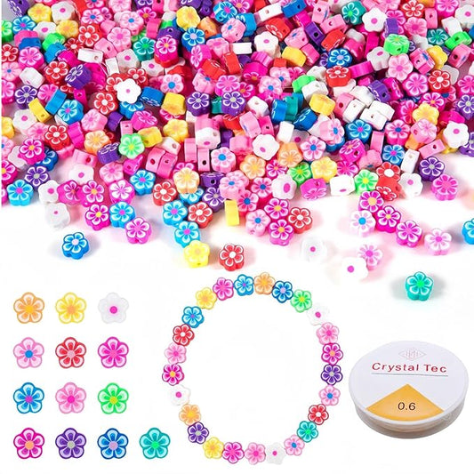 NUOBISHI 500 Pcs Flower Polymer Clay Beads Charms for Crafts with Elastic String for Making Bracelet Necklace Craft Decoration DIY Crafts