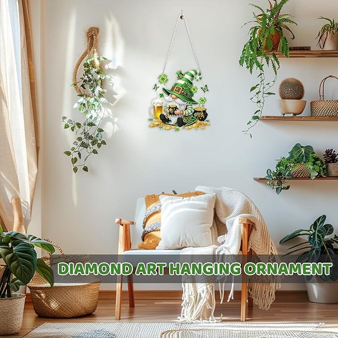 MEIYUDA St. Patrick's Day Hanging Diamond Art Kits for Adult, Beer Clover Gnome Diamond Painting Kits Ornaments, DIY Special Shaped Rhinestone Window Pendants kit for Home Garden Wall Decor Gift