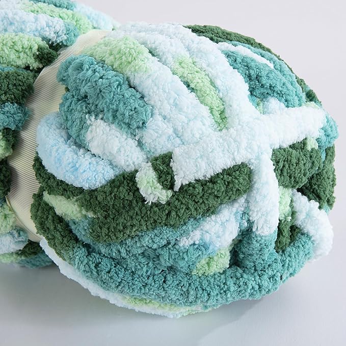 HOMBYS Chunky Tie Dye Mix Chenille Yarn for Hand Knitting, Super Bulky Jumbo Yarn for Crocheting, 3/4" Thick Soft Plush Yarn for Blankets, 8 Skein Pack (26 yds / 7.5 oz Each) Mint, Teal, Green