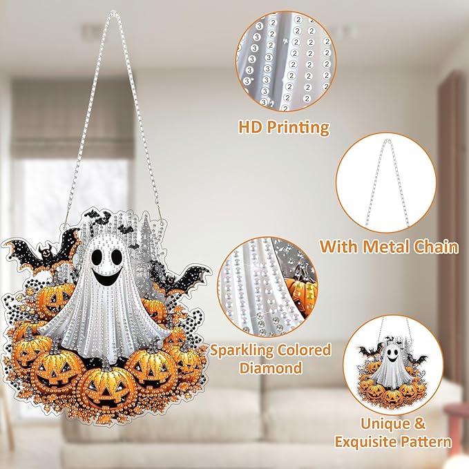 SENQAO Ghost Diamond Art Hanging Kits for Adults, Acrylic Diamonds Painting Pendant Board Kits Halloween Pumpkin, Diamond Art Painting Window Pendants Home Garden Wall Hanging Kits Hanging Ornament