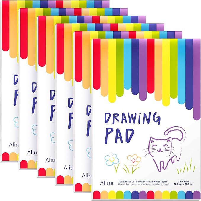 alitte drawing pad for kids - 6-pack (9x12) drawing paper with easy-tear pages - 50 sheets - kids art supplies | sketch pad for drawing & coloring - suitable for children and toddlers