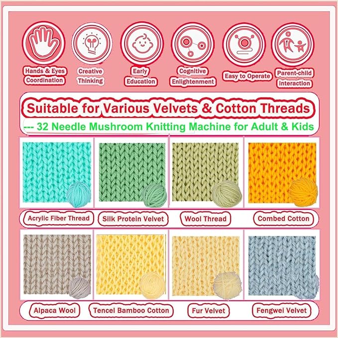 Sentro Knitting Machine,Sentro 32 Needles Mushroom Knitting Machine for Adults and Beginners Automatic Circular Weaving Spinning Knitting Loom Machine Kit for Kintting Toys,Hats,Scarf,Sweater