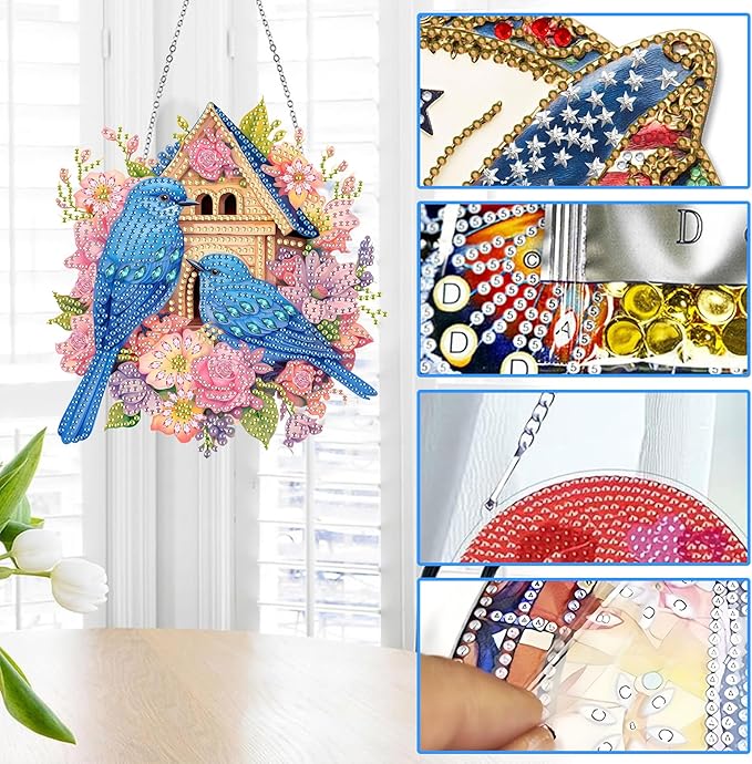 Reofrey Hanging Diamond Art Kits for Adults– 8x8Inch Birds Hanging Ornament Acrylic Board Double Sided Pattern Crystal Diamond Art Suncatcher Pendant, for Home Wall Window Decoration Handmade Gift